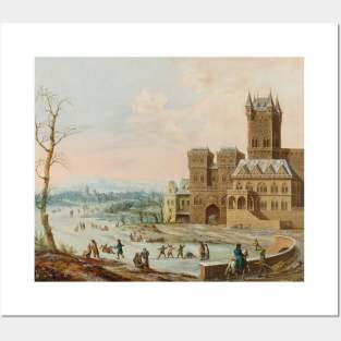 Figures in a Winter Landscape with a Gothic Castle by Johann Philipp Ulbricht Posters and Art